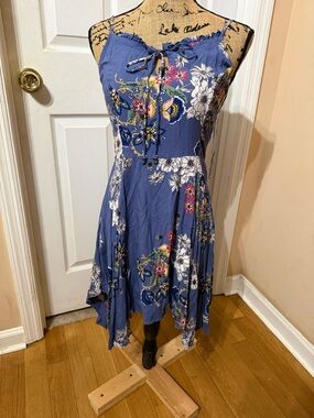 Spaghetti-Strap Blue Floral Asymmetrical Dress